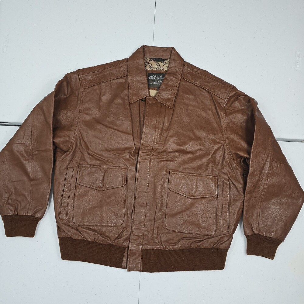 Vintage 80s Type A-2 Style Flyer’s Men 2XL BIG Brown Leather Bomber Jacket Map